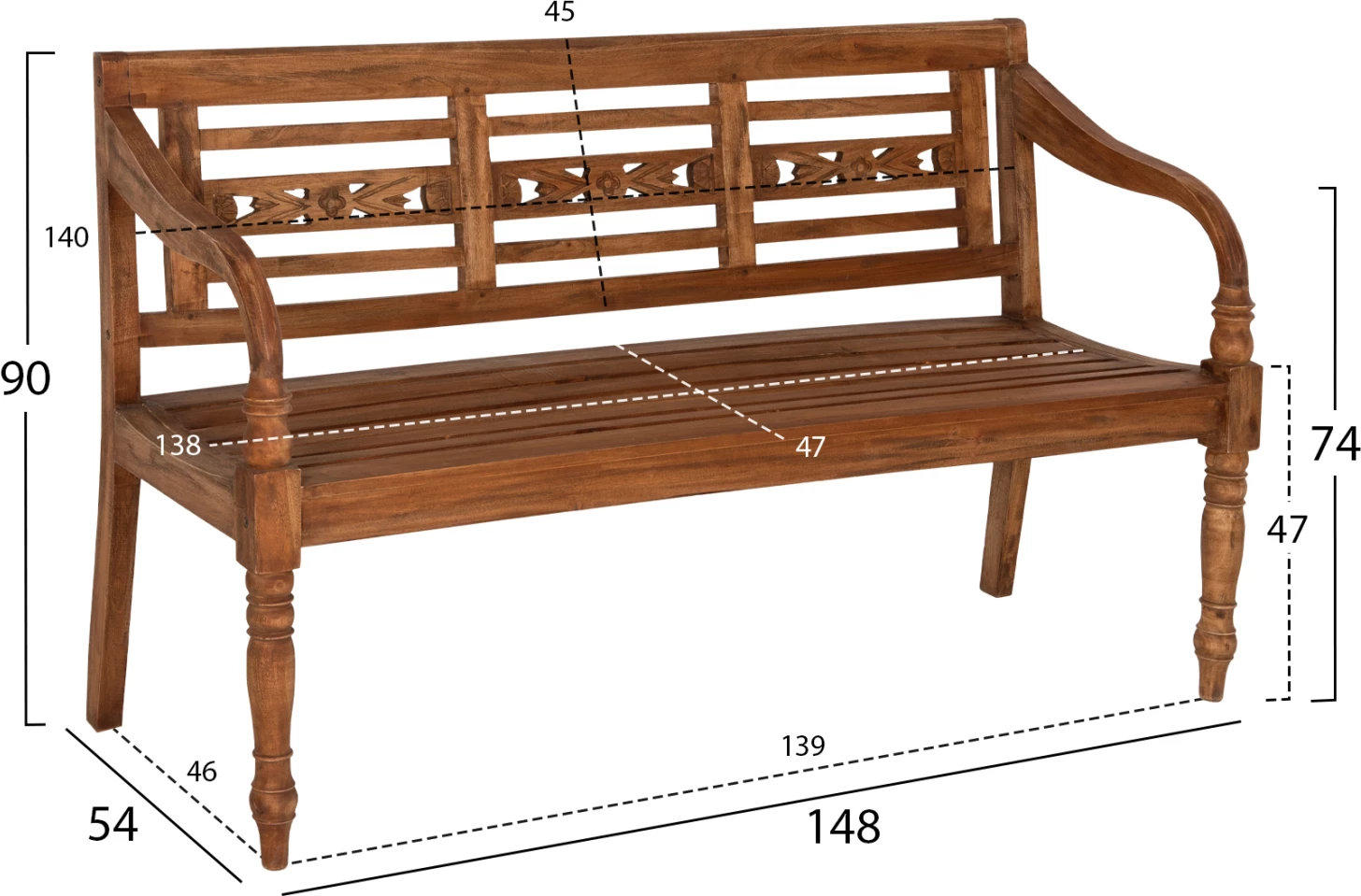 Stol për jashtë FH7903, dru mahagoni, natyral, me mbështetëse dhe krahë, 148x54x90H cm