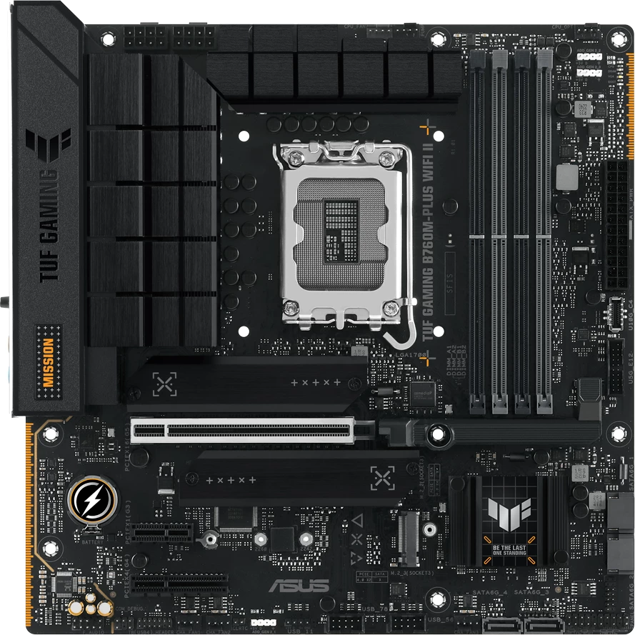 Pllakë amë ASUS TUF Gaming B760M-PLUS WIFI II, mATX, LGA1700, Intel B760, DDR5 (4xDIMM), 3xM.2, 4xSATA, PCIe 5.0, 2.5GbE, WiFi 6E, Bluetooth 5.3