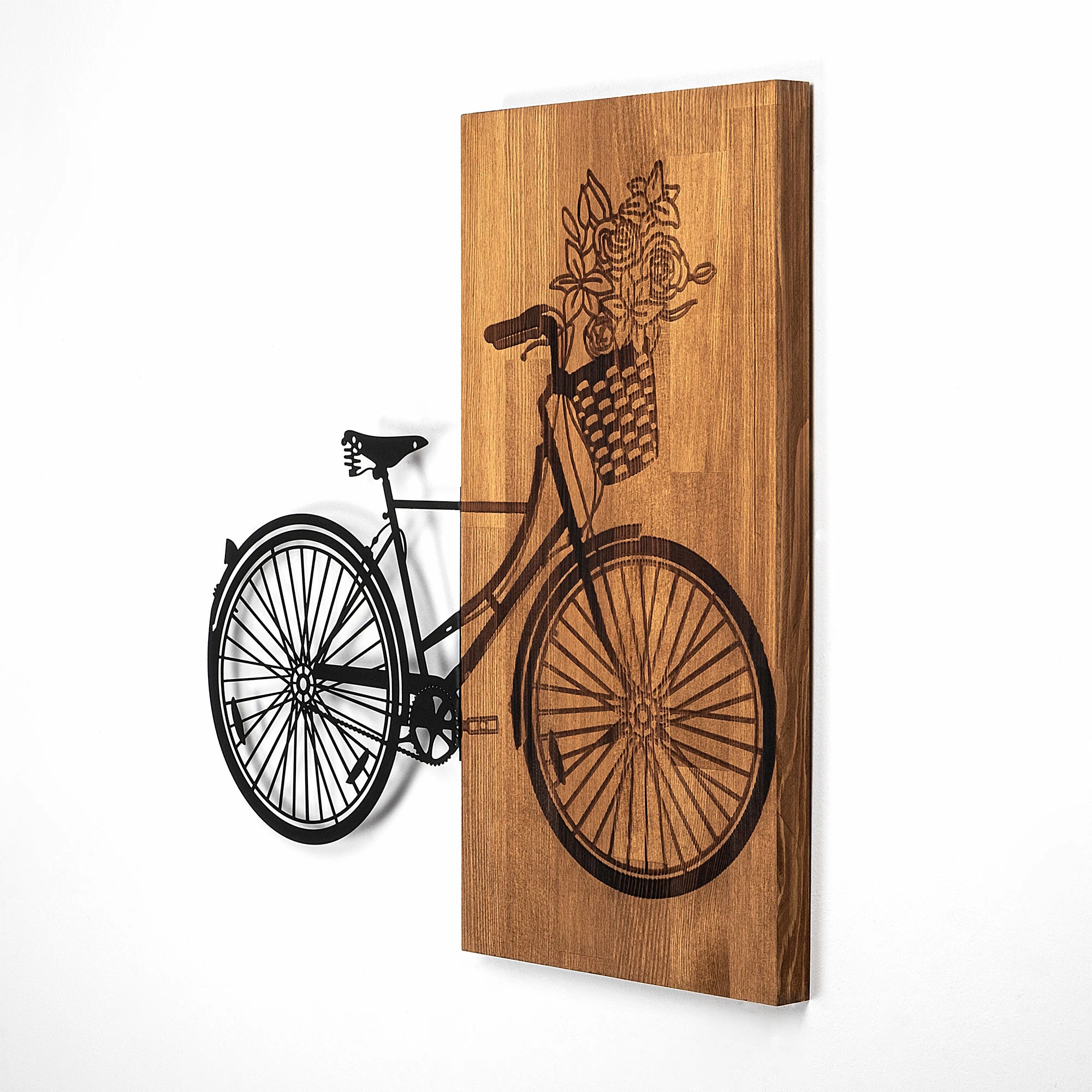 Aksesor dekorativ muri prej druri, Wallity, biçikletë historike me lule, ngjyrë arre dhe e zezë, M - 377, 58x60cm