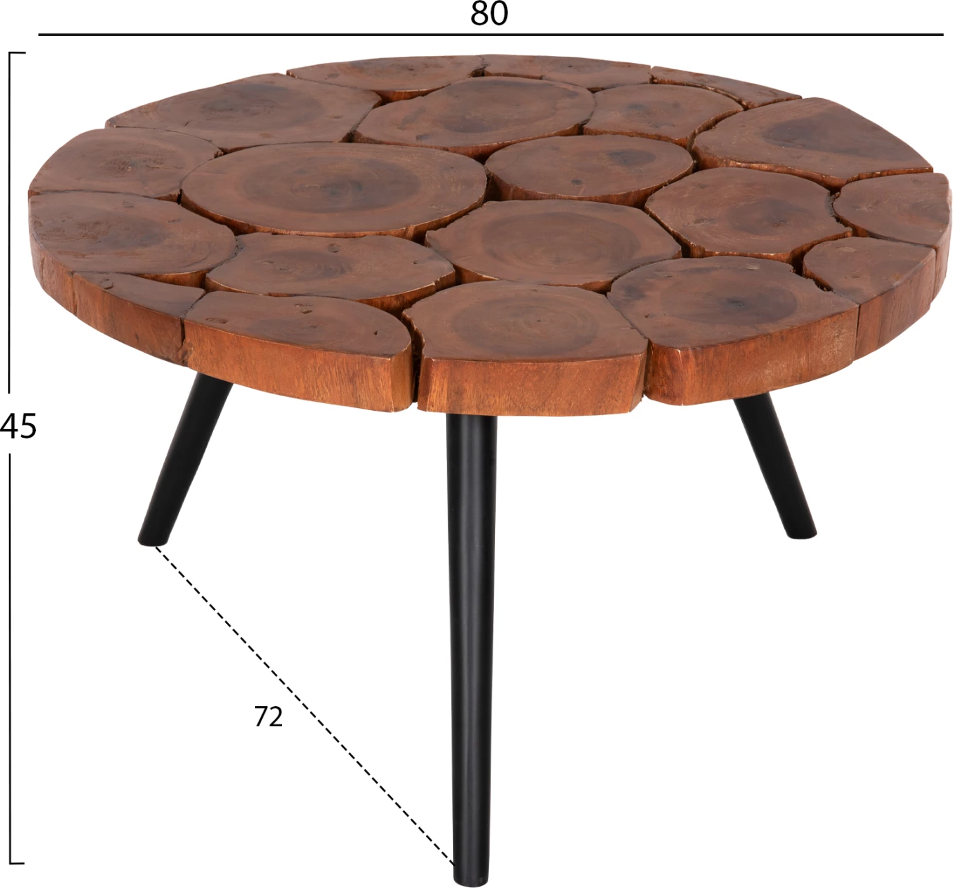 Tavolinë kafeje RIBBEN, dru suar i fortë, këmbë metali të zeza, Φ80x45H cm