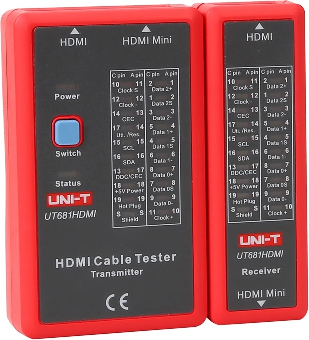 Tester kabllosh HDMI, UNI-T UT681HDMI, LED 19-pins, 3 modalitete testimi (fast/scan/full), mbështetje Mini HDMI, bateri 9V, kuq-gri, set transmetues + marrës