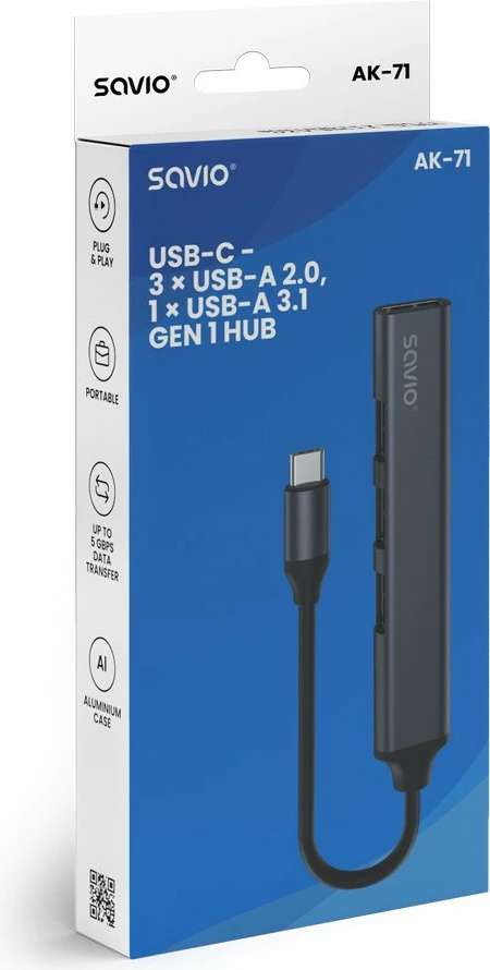 Hub USB-C Savio AK-71, 4 porta (3x USB-A 2.0, 1x USB-A 3.1 Gen 1), Gri