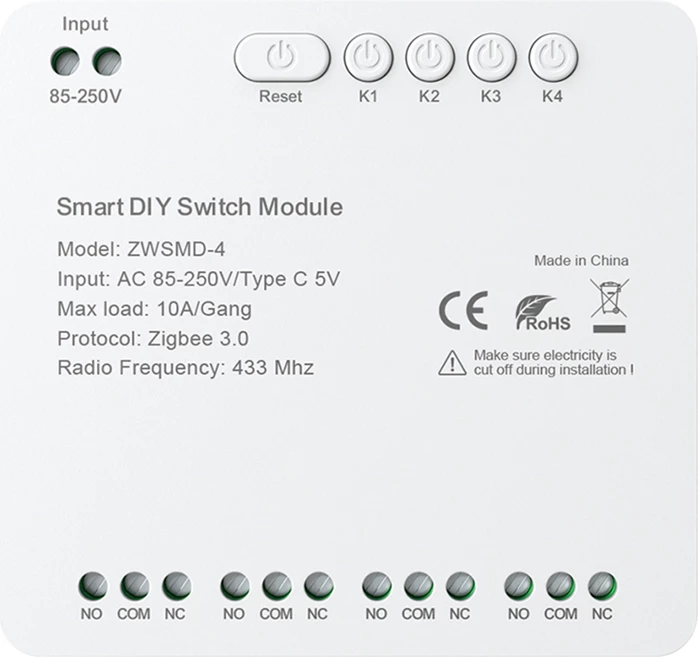 modul switch ZigBee me kontakt të thatë 4‑kanal Avatto ZWSMD-4-250V 10A/grup, Zigbee 3.0, RF 433 MHz, input AC 85–250V ose USB-C 5V