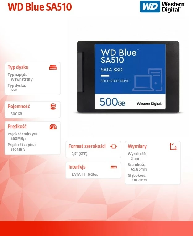 SSD Western Digital WD Blue SA510, 500GB, 2.5 inç, SATA, i zi