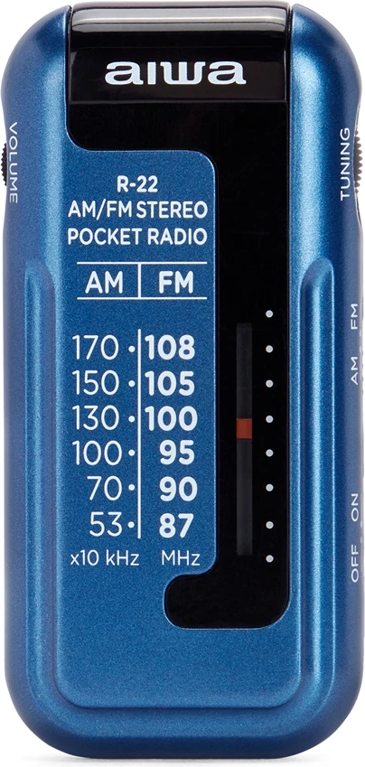 Radio portative xhepi Aiwa R-22BL AM/FM, me kufje, blu, set me bateri AAA