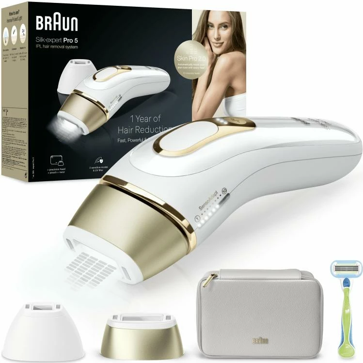 pajisje IPL për heqje qimesh Braun Silk-expert Pro 5 PL5152 set me koka dhe çantë, e bardhë e artë