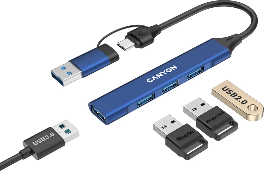 Hub USB CANYON DS-02 4-në-1, USB-C në 4x USB-A (1x USB 3.0 + 3x USB 2.0), kabllo 15 cm, Blu