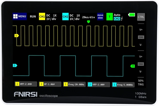 Oskiloskop tablet portabël, FNIRSI 1013D, 2 kanale 100 MHz 1 GSa/s, ekran 7\" me prekje, memorie 1 GB, bateri 6000 mAh
