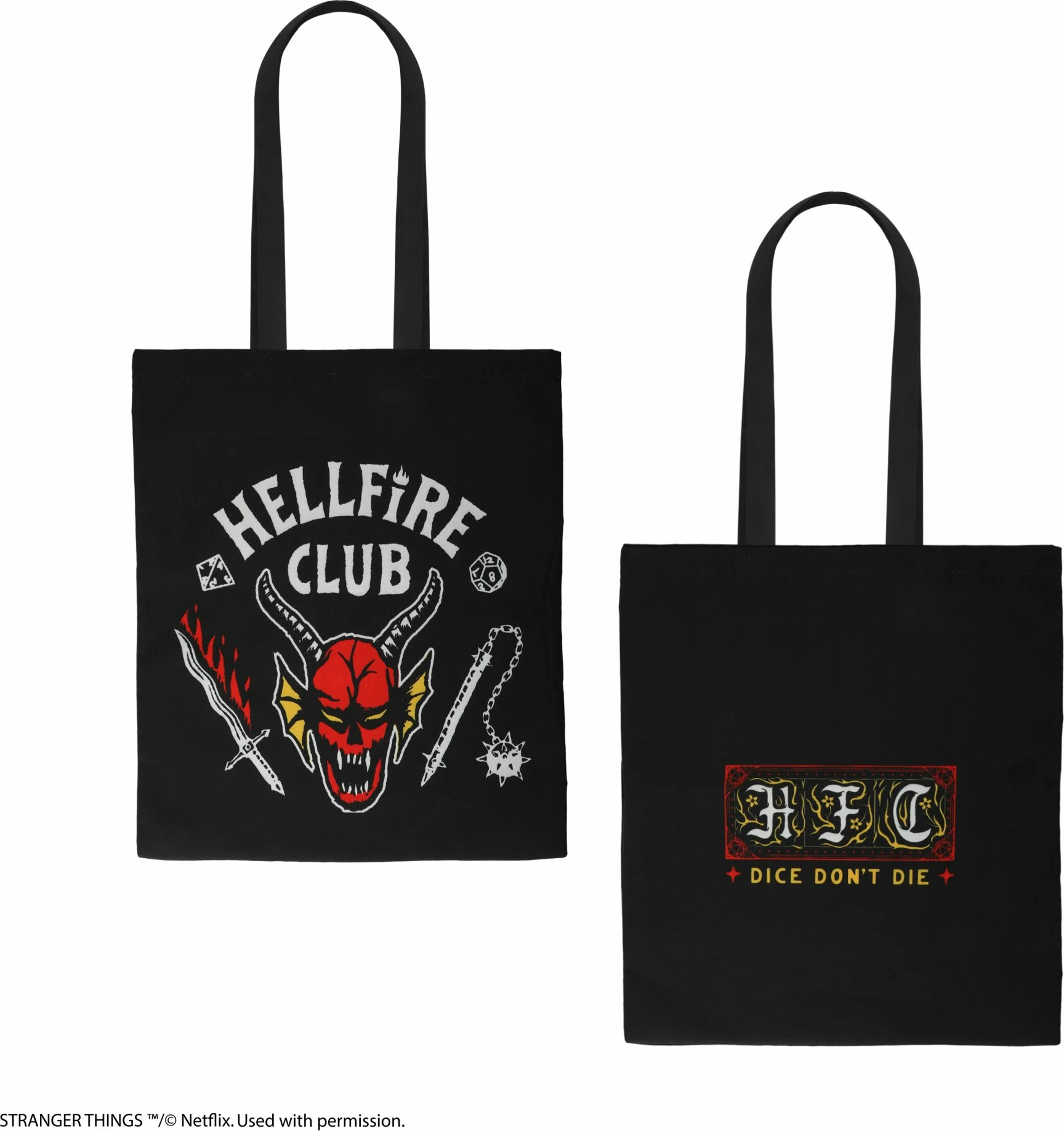 Çantë tote Cinereplicas Stranger Things Hellfire Club, 42×38 cm, 100% poliester, e zezë