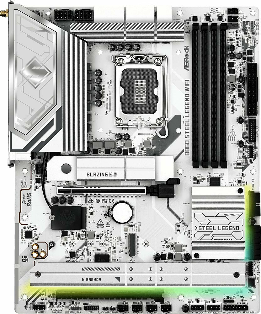 Pllakë amë ASRock B860 Steel Legend WiFi, ATX, DDR5 deri 256GB, Wi‑Fi 7, Bluetooth, 2.5GbE, e bardhë/argjendtë, set me 2 antena WiFi + 2 kabllo SATA