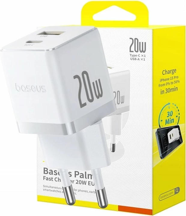 Karikues rrjeti Baseus Palm BSU9054 20W PD3.0/QC3.0 1x USB-A 1x USB-C 3A, i bardhë