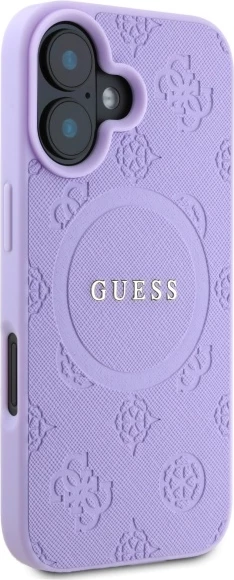 Mbështjellës Guess Saffiano Peony Classic Logo MagSafe për iPhone 16 Plus, vjollcë