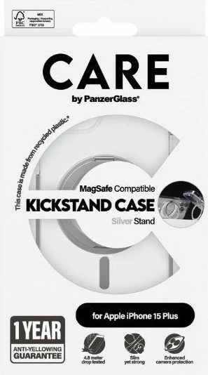 Mbështjellës PanzerGlass Kickstand Case MagSafe për iPhone 15 Plus, argjend