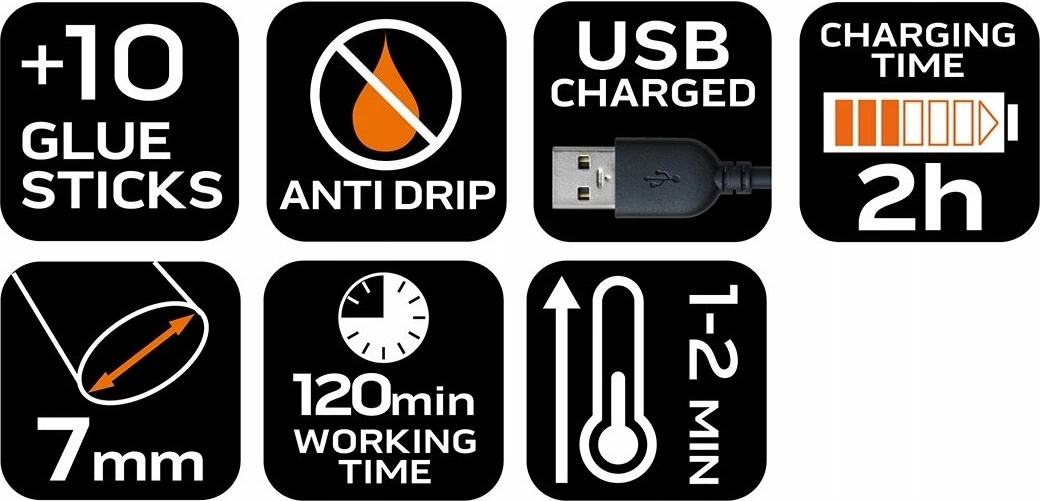 Stilolaps ngjitësi i nxehtë Neo Tools 17-085, bateri 2000 mAh, për shufra 8 mm, USB, set 10 shufra, portokalli/zi