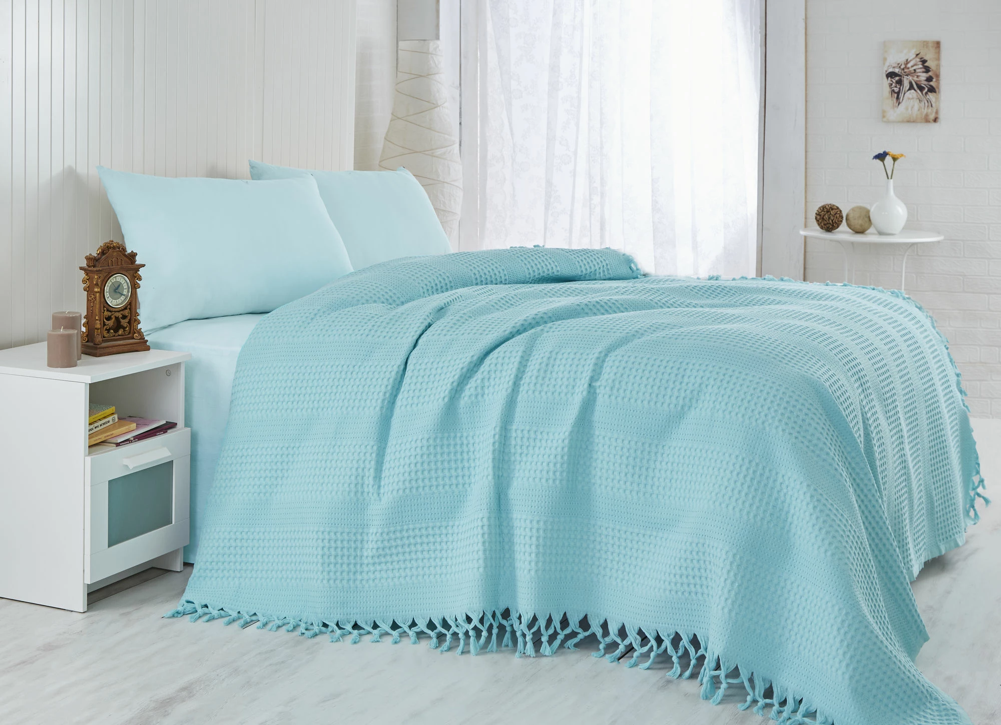 Çarçaf dopio pique, ngjyrë turquoise, 220x240cm, me thekë, pambuk 100%