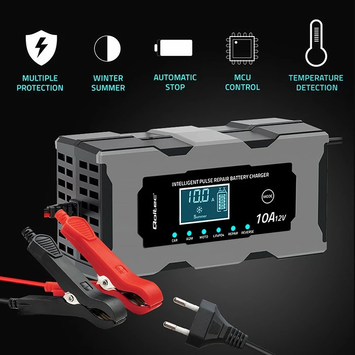 Karikues baterie mikroprocesorik, Qoltec 52493, 12V 10A, funksion riparimi, për AGM/GEL/LiFePO4, LCD, zi/gri