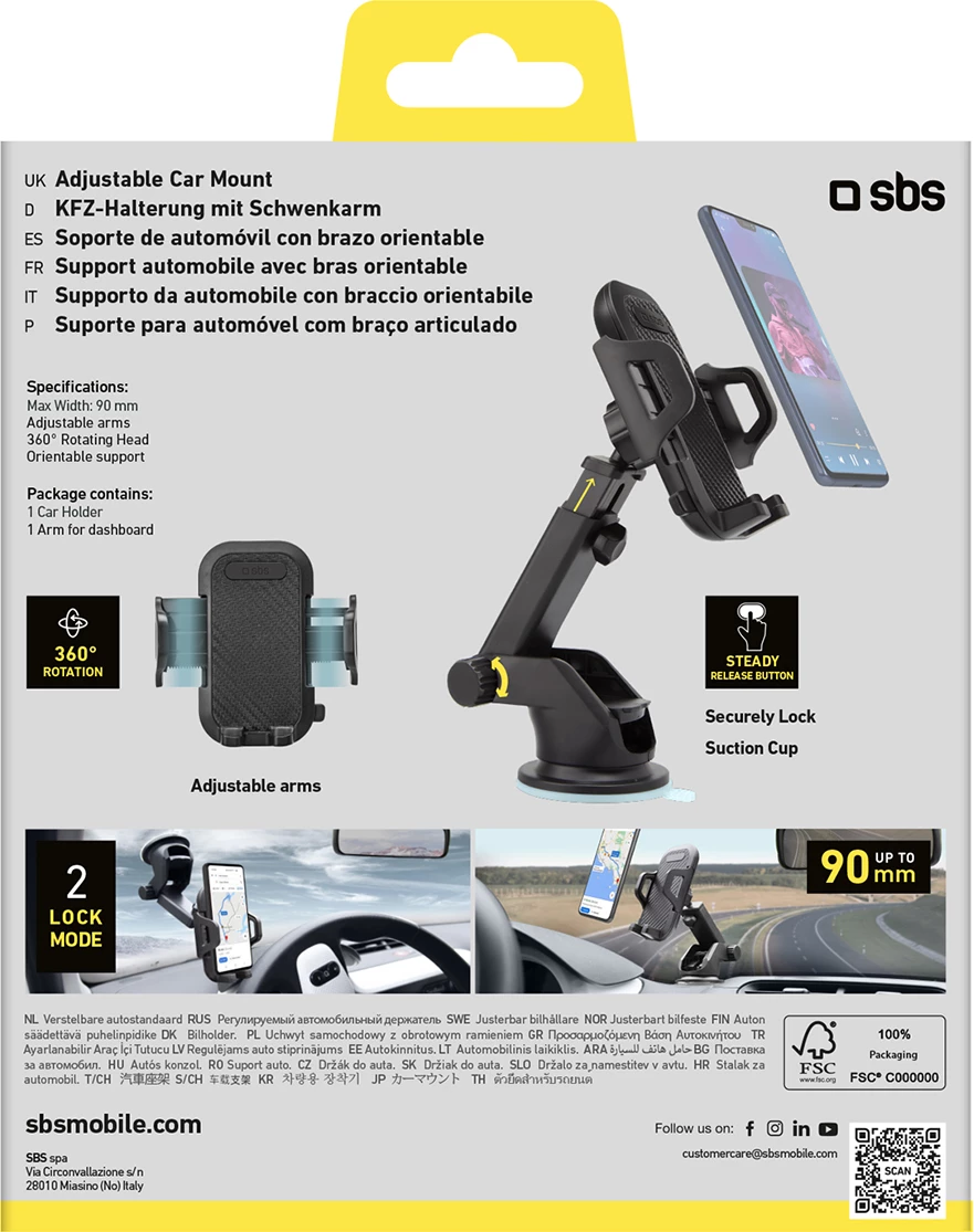 Mbështjellës për celular SBS TEHWSUPWIND me krah teleskopik dhe kupë thithëse, i zi