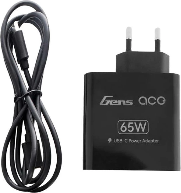 Adapter energjie Gens Ace GEA65WAD-EU, 65W, USB-C, me kabllo USB-C në USB-C, i zi