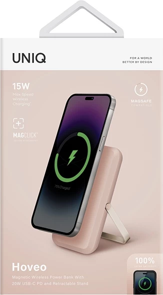 Powerbank UNIQ Hoveo 5000mAh, magnetik, USB-C, rozë
