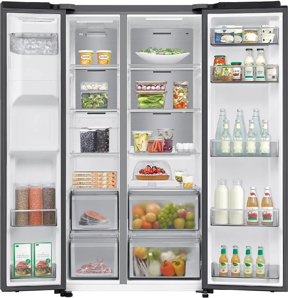 Frigorifer side-by-side Samsung SBS RS70F64KETEO 635 L, dispenser ujë dhe akull, Wi‑Fi SmartThings, AI Energy, klasë E, e zezë matte metal
