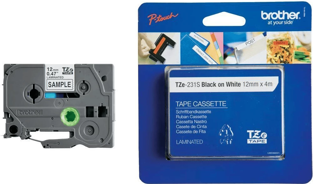 Kasetë shiriti etiketuese Brother TZe-231S / TZE231S2 12mm x 4m, e laminuar, zi në të bardhë