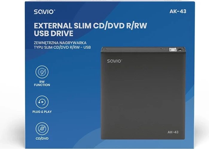 Disk i jashtëm optik Savio AK-43, DVD±R/RW, CD±R/RW i zi
