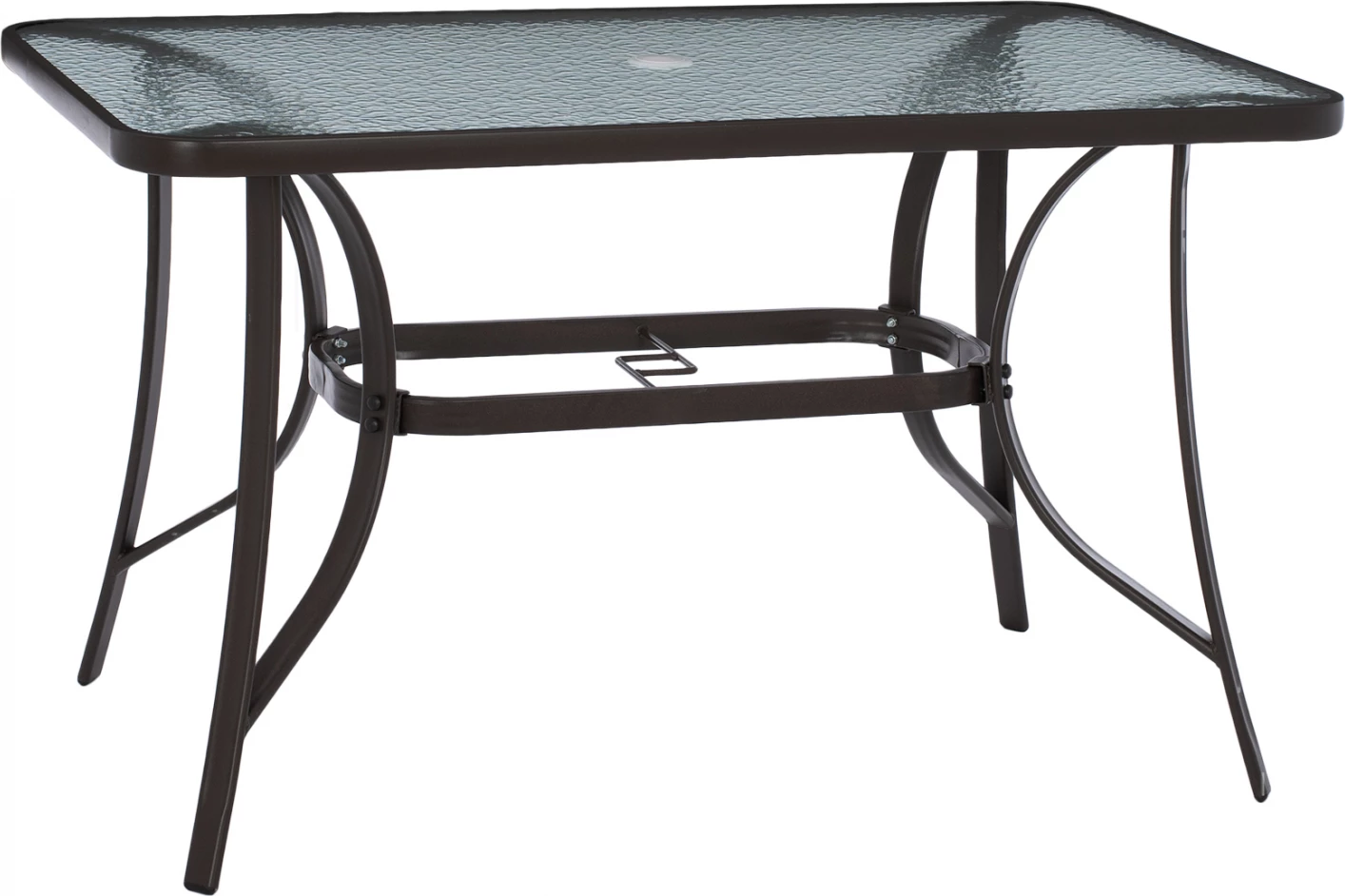 Tavolinë e jashtme, ngjyrë kafe, metalike, me sipërfaqe xhami dhe vrimë për ombrellë, 120x70x72 cm, FH5021.12