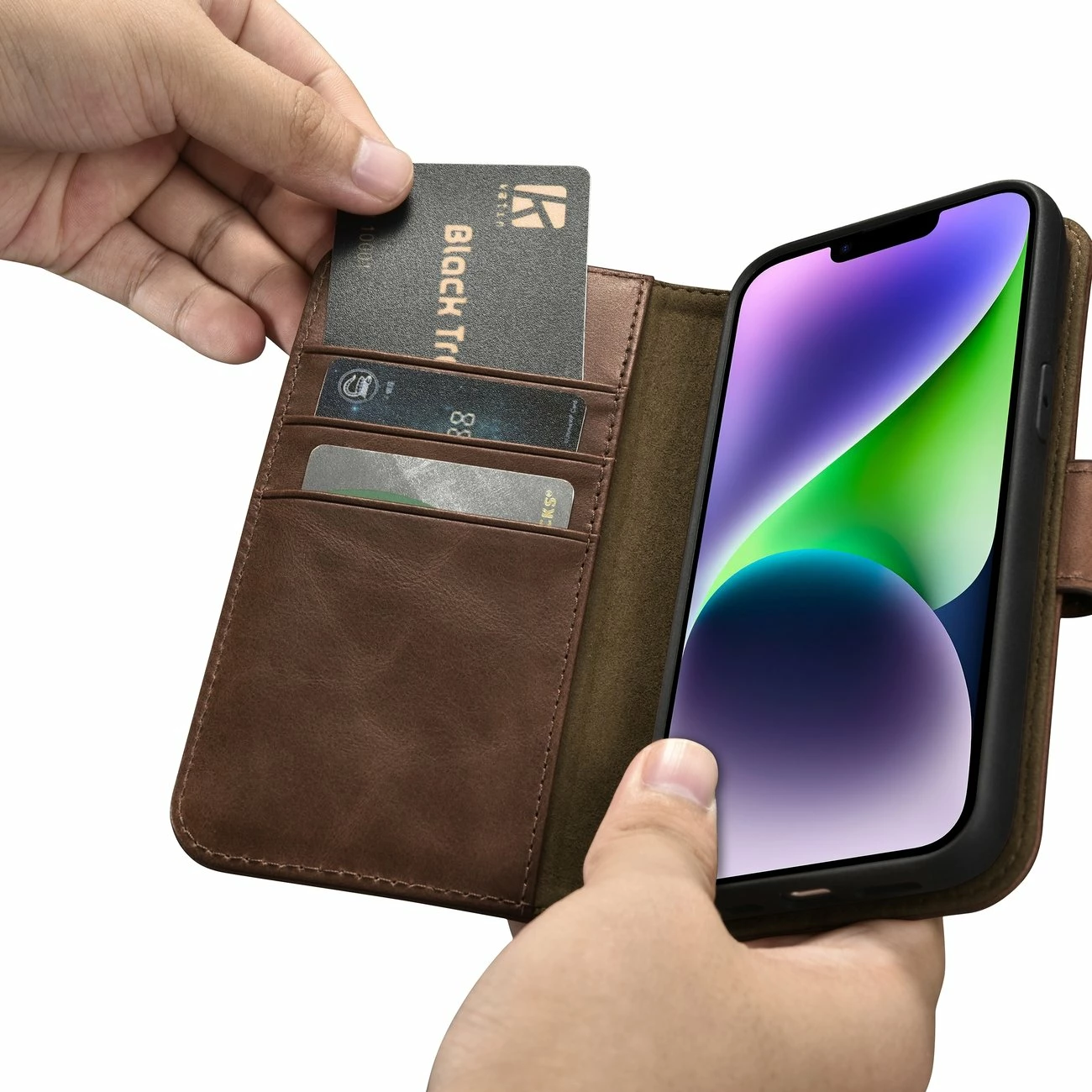 Mbështjellës iCarer Oil Wax Wallet 2in1 për iPhone 14 Plus, lëkurë natyrale, Anti-RFID, Kafe