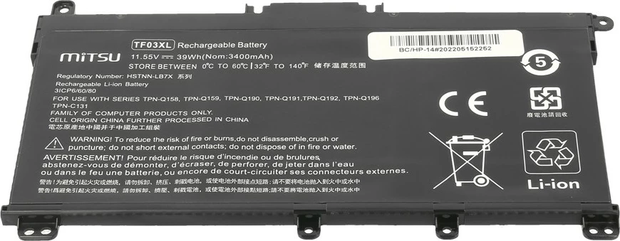 Bateri laptopi Mitsu për HP Pavilion 14 15, 3400 mAh, 11.55V, e zezë