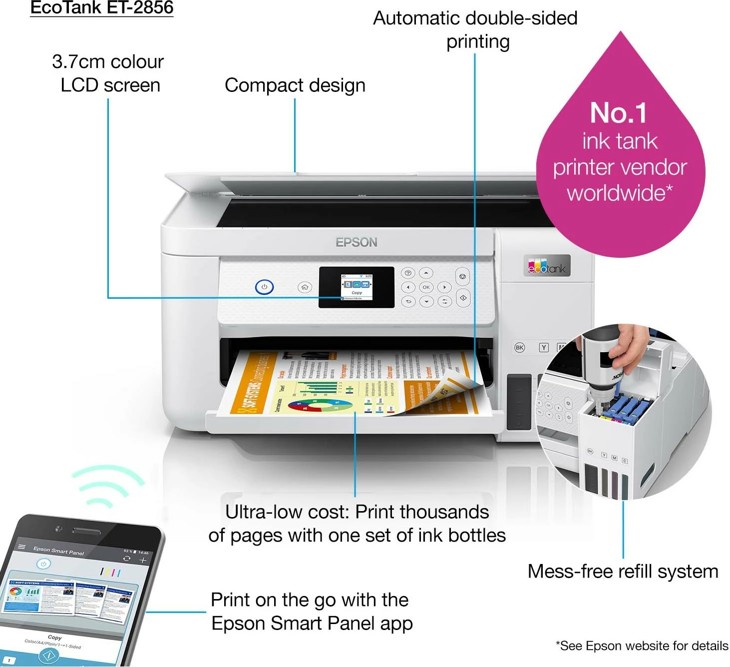 Printer Epson EcoTank ET-2856, Inkjet, Printim ngjyra, A4, Bardhë