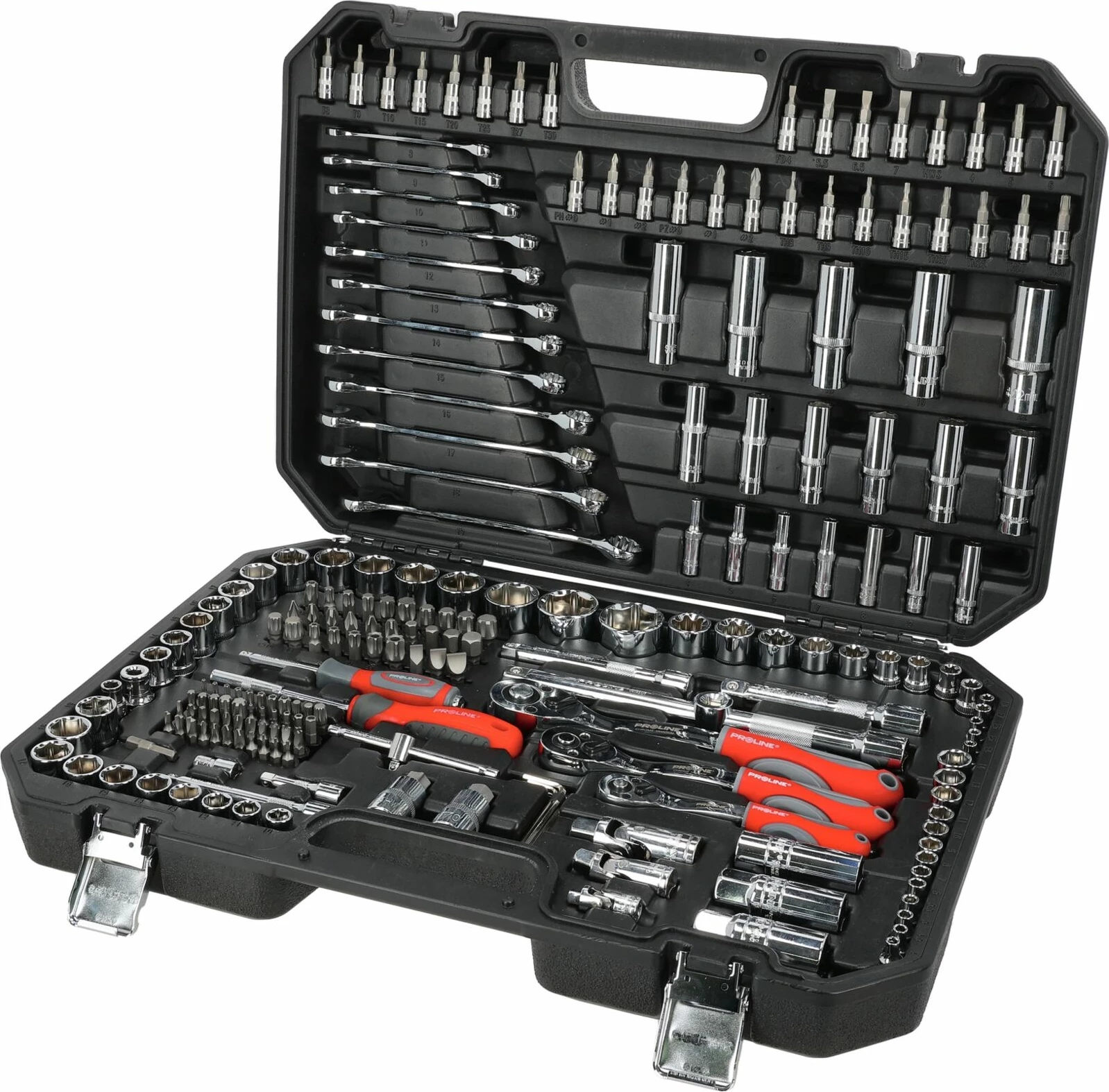 Set veglash me çelësa fole dhe racë PROLINE 58216, 216 copë, 1/4\", 3/8\", 1/2\", çelësa kombinim 8-19mm, në valixhe