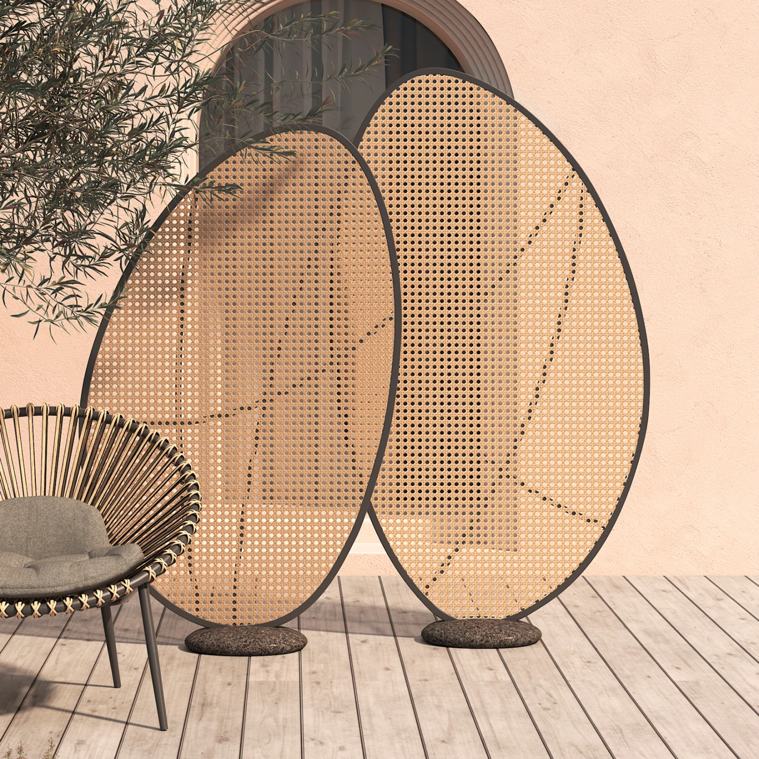 Përparëse ndarëse alumini KOMORABI (S), kornizë antracit, thurje ratan bezhë, 108x33x169cm