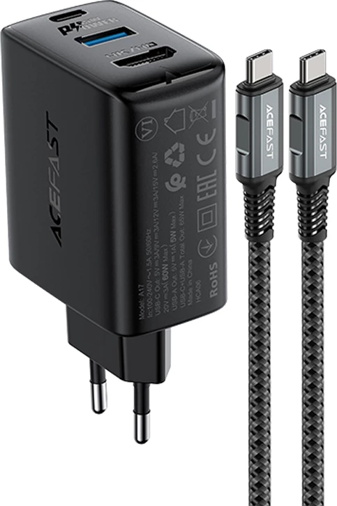 Karikues i shpejtë 2-në-1 Acefast A17, 65W, GaN, USB-C/USB-A, HDMI 4K, me kabllo, zi