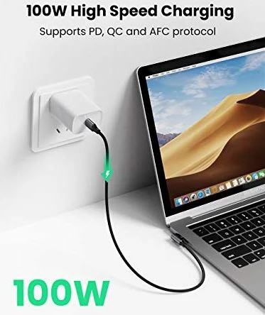 Kabllo USB-C në USB-C Ugreen 70643, 1m, 100W PD, USB 2.0, konektor 90°, e zezë