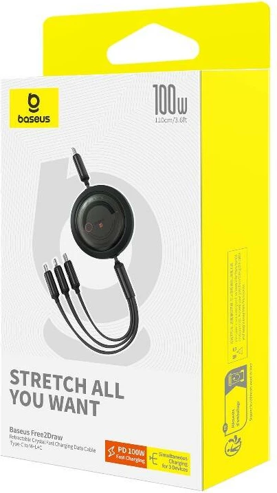 Kabllo karikimi 3-në-1 Baseus Free2Draw, 1.1m, 100W, USB-C/Lightning/microUSB, e zezë