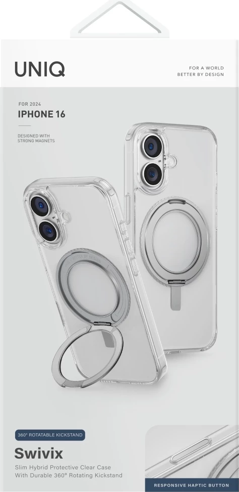 Mbështjellës UNIQ Swivix 360 me këmbalec rrotullues për iPhone 16, Transparent