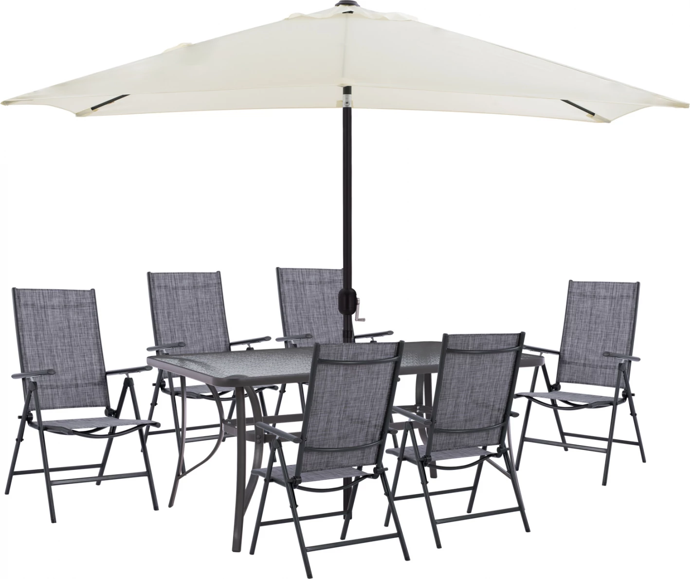 Set për terasë 8 pjese, tavolinë 150x90, karrige të palosshme dhe ombrellë, gri bezhë, FH11480