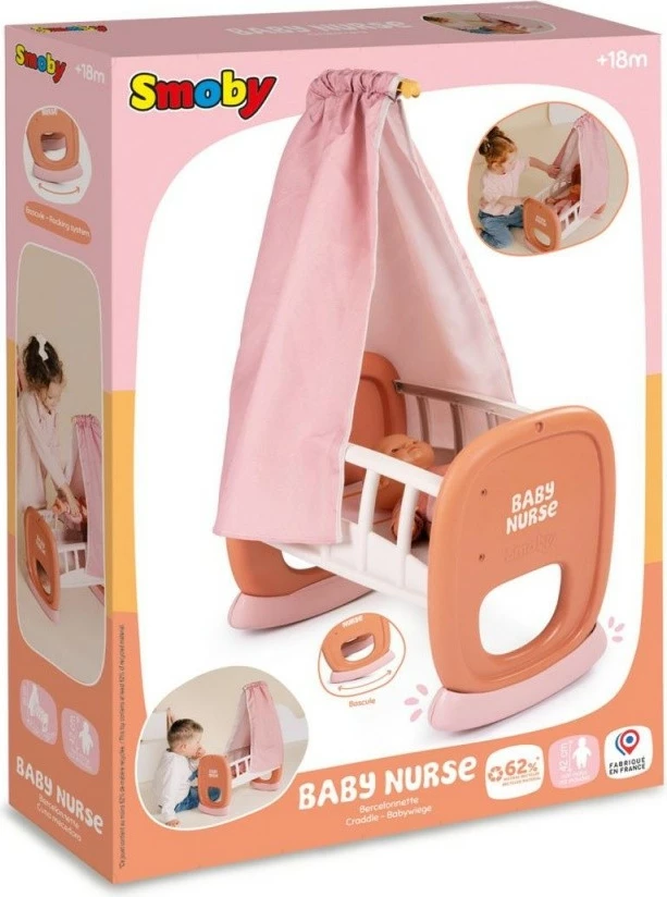 Djep lodër Smoby Baby Nurse 7600220391, plastikë e ricikluar, kafe/rozë/e bardhë