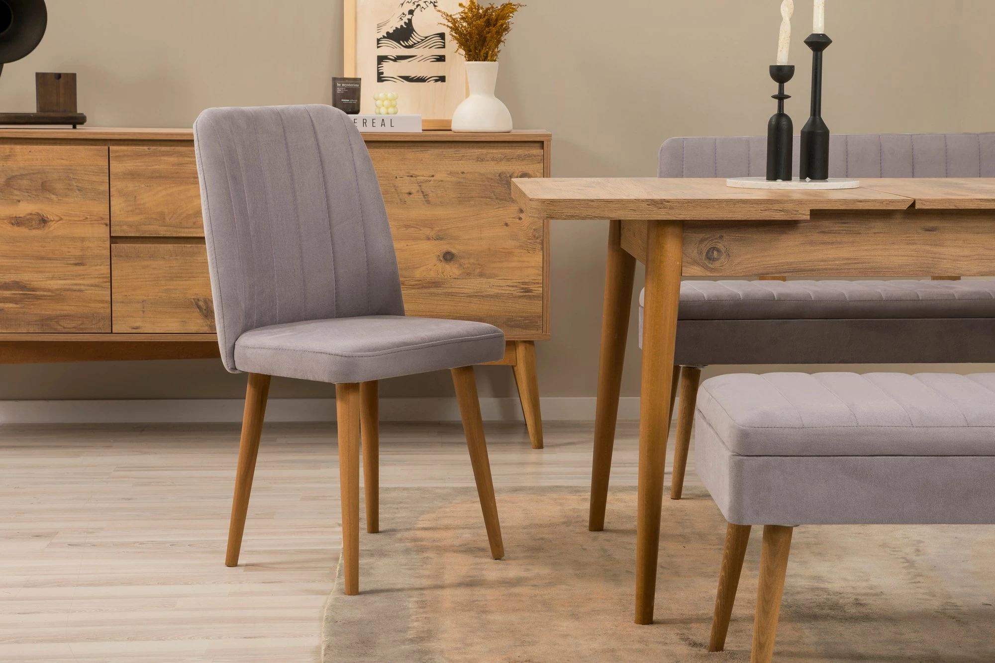 Set tavoline me karrige, konsolë dhe stol, ngjyrë Atlantic Pine, gri, 6 pjesë, Skye Decor, Vina Bench 04 0701