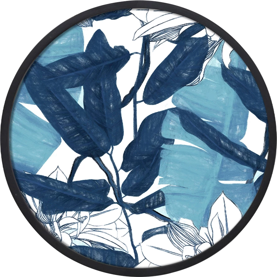 Pikturë dekorative rrumbullake, kanavacë, ngjyrë kaltër, e bardhë, kornizë e zezë, 60x60x4 cm