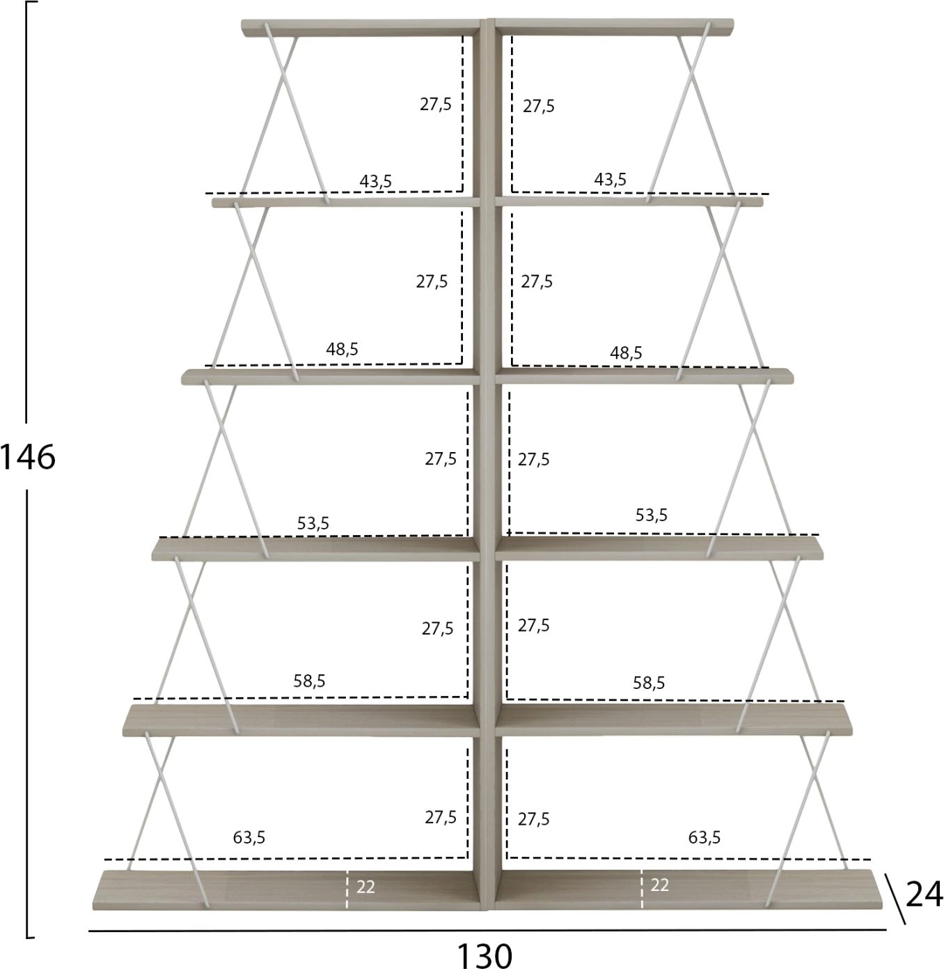 Raft librash 2 copë set, ngjyrë sonama, shufra metali të bardha, FH11772.11, 65x24x146 cm