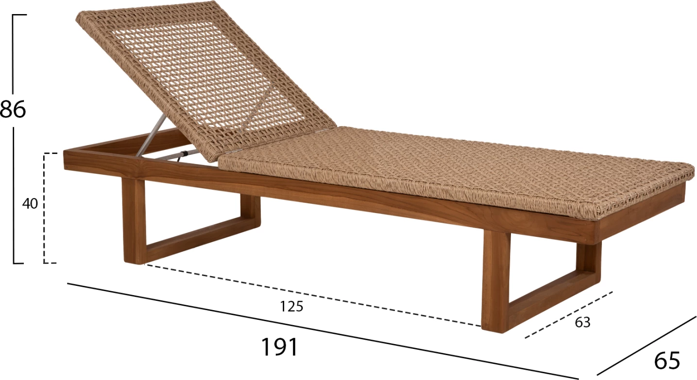 Shezlong profesional PATRON, dru tik, litar VIRO, 191x65x86H cm.