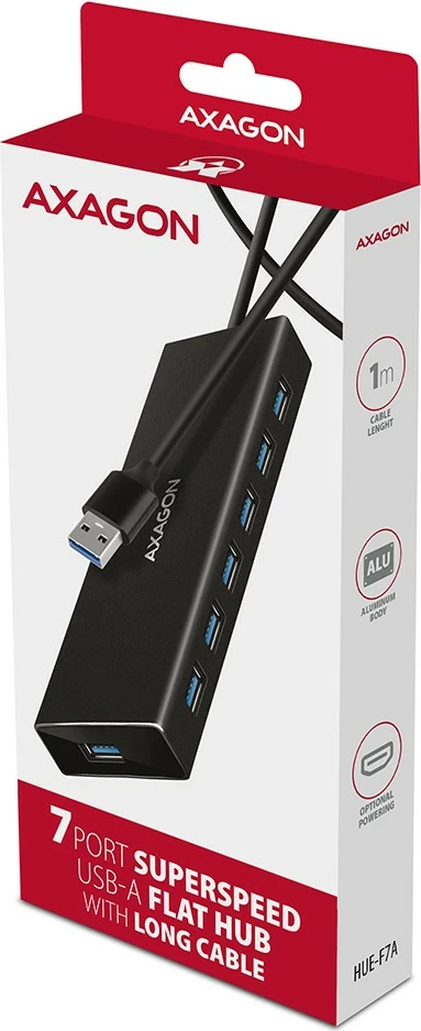 Hub USB AXAGON HUE-F7A, 7 porta, USB 3.2 Gen 1, alumini, 1m kabllo, i zi