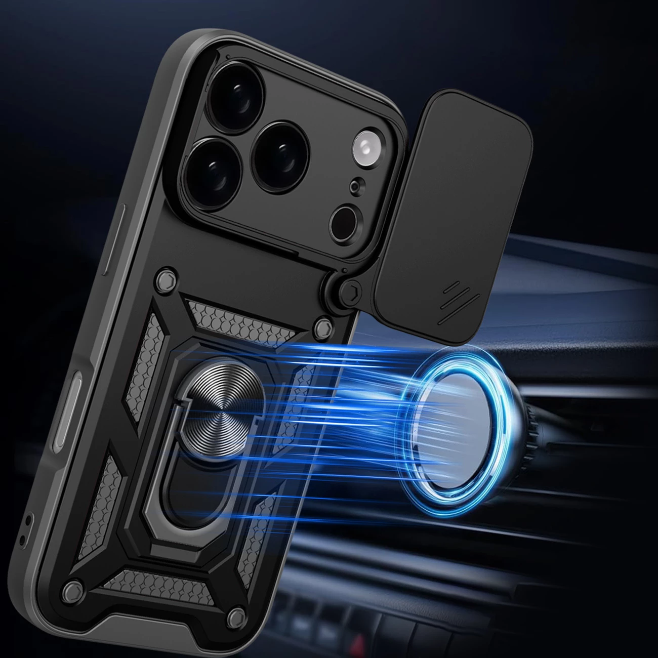 Mbështjellës Hurtel Hybrid Armor Camshield për iPhone 17 Pro Max, me mbajtëse dhe mbulesë kamere, i zi