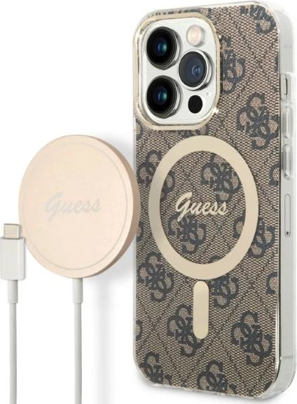 Set mbështjellës Guess GUBPP14LH4EACSW me karikues wireless për iPhone 14 Pro 6.1", kafe