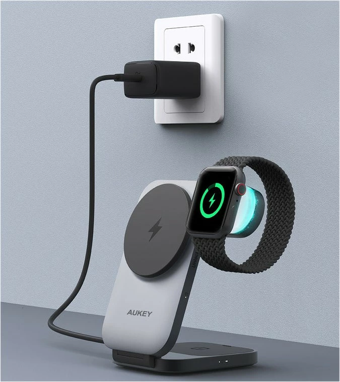 Karikues wireless 3-në-1 AUKEY LC-MC312 MagSafe Qi2, 15W + Karikues PD 30W, Gri, me etui