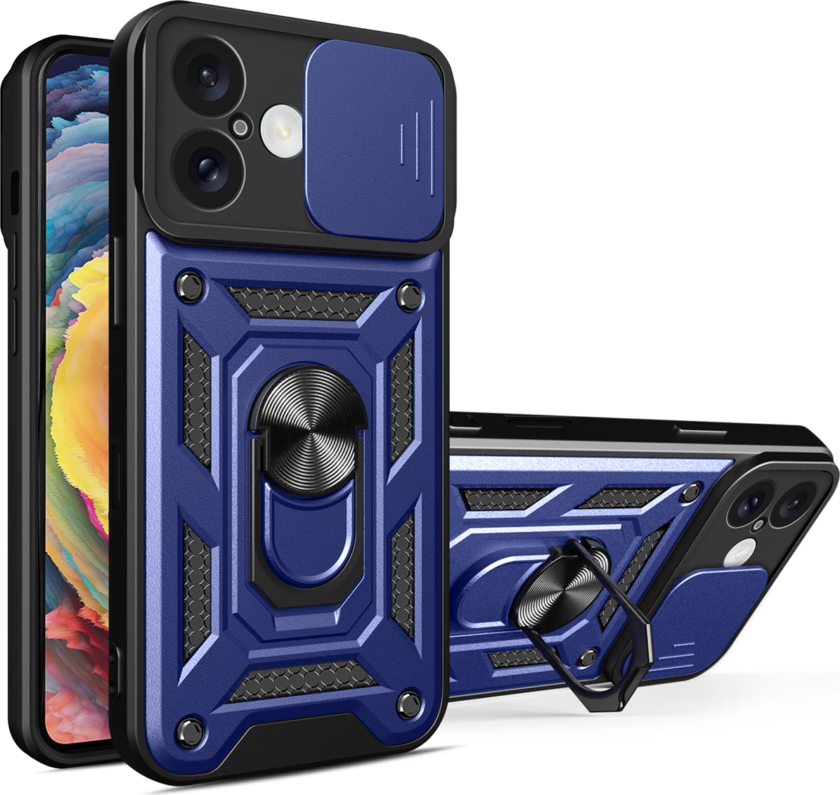 Mbështjellës Hurtel Hybrid Armor Camshield për iPhone 16, me kapak kamere dhe stand, Kaltër