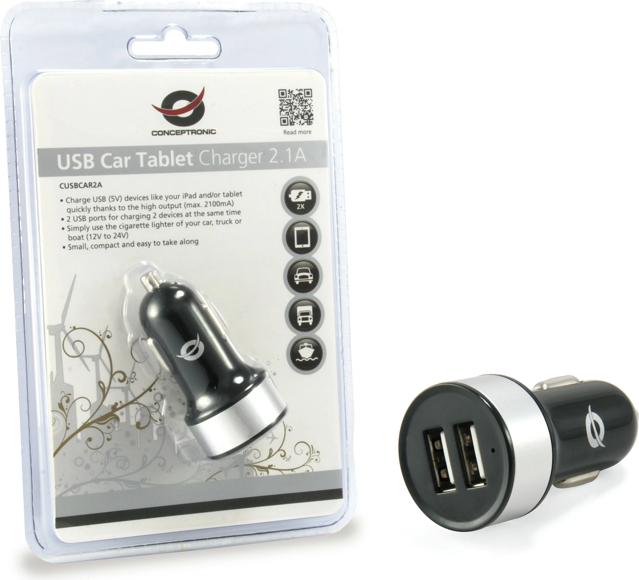 Karikues veture Conceptronic KFZ-Ladegerät, 2xUSB-A, 10.5W, zi