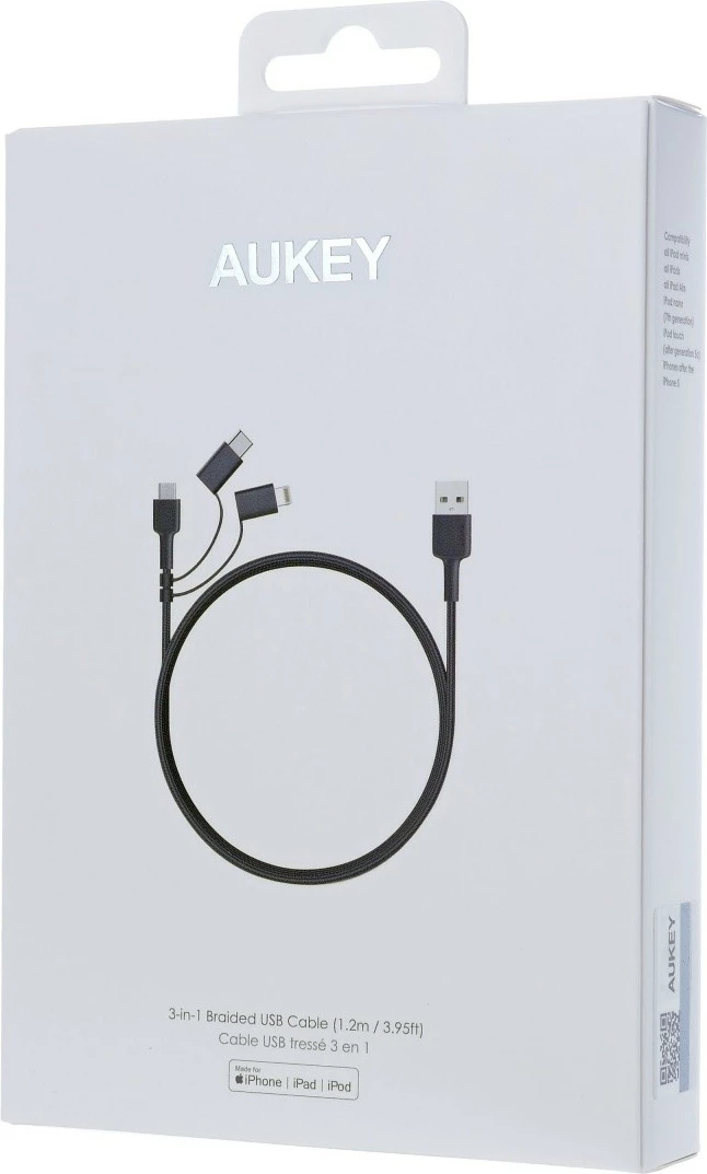 Kabllo 3-në-1 AUKEY CB-BAL5, 1.2m, USB C, Lightning, Micro USB, e zezë