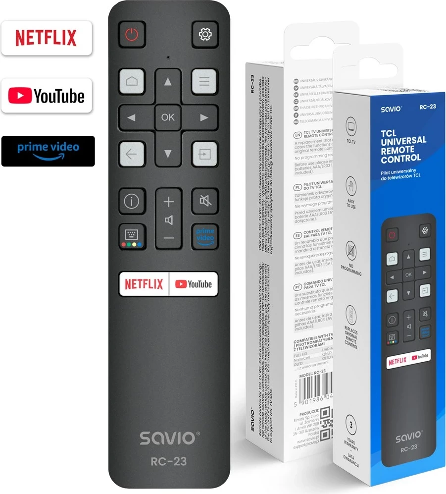 Telekomandë universale SAVIO RC-23 për TCL, e zezë